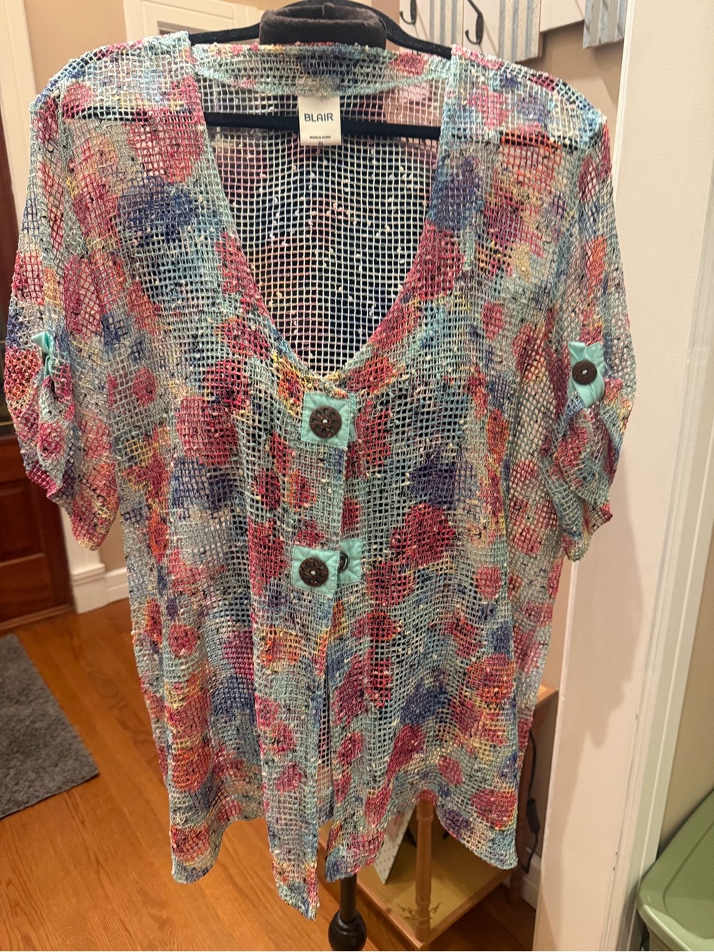 Blair Aqua Multi-Color Open-Knit Button Cardigan